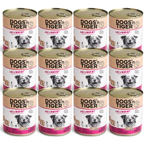 Dogs’n Tiger Adult Premium Nassfutter für Hunde, Abendbrot, tiergerechte Rezeptur mit 67% Fleischanteil + Leinsamenöl + Kräuter – ohne Zucker, künstliche Aromen, Lamm, & Pastinake, 12x 800g von DOGS' n TIGER