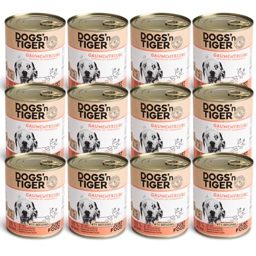 Dogs’n Tiger Adult Premium Nassfutter für Hunde, Gaumenfreude, Hunde Nassfutter, Rezeptur mit 67% Fleischanteil an Geflügel, ohne Zucker, Getreide & künstliche Aromen, 12x 800g von DOGS' n TIGER