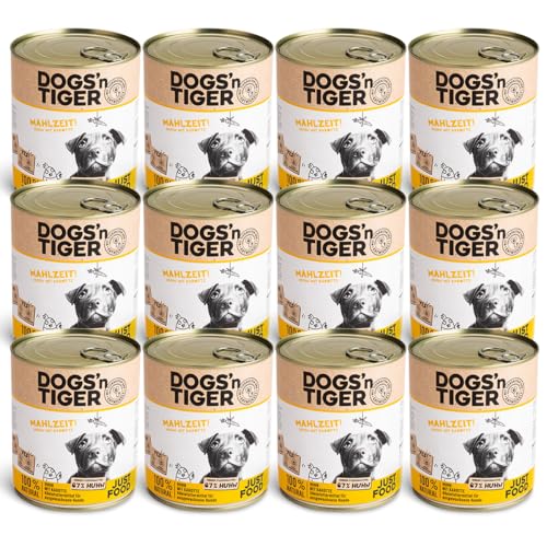 Dogs’n Tiger Adult Premium Nassfutter für Hunde, Mahlzeit, Hunde Nassfutter, tiergerechte Rezeptur mit 67% Fleischanteil an Huhn, Leinsamenöl & Kräuter – ohne Zucker & künstliche Aromen, 12x 800g von DOGS' n TIGER