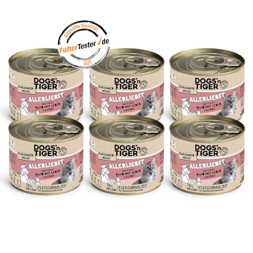 Dogs'n Tiger Schlemmermenü Allerliebst, Katzennassfutter mit Rind, Leber und Kürbis - ohne Getreide, Zuckerzusatz, künstliche Konservierungsstoffe, optimale Verträglichkeit, 200g (12er Pack) von DOGS' n TIGER