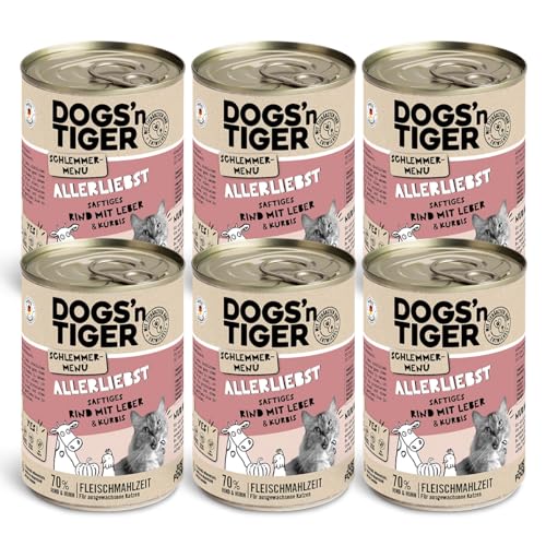 Dogs’n Tiger Adult Katzenfutter, Allerliebst, Katzennassfutter mit Rind, Leber und Kürbis - ohne Getreide, Zuckerzusatz, künstliche Konservierungsstoffe, optimale Verträglichkeit, 6X 400g von DOGS' n TIGER