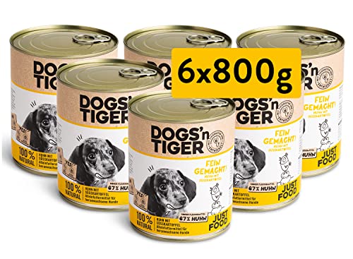 Dogs’n Tiger Junior, Welpen Premium Nassfutter für Hunde, Fein Gemacht, Rezeptur mit 67% Fleischanteil an Huhn mit Süßkartoffel, ohne Getreide, Zucker & künstlichne Aromen, 6X 800g von DOGS' n TIGER