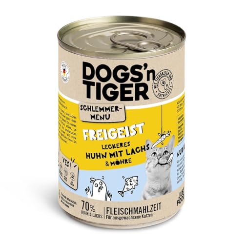 Dogs'n Tiger Schlemmermenü Freigeist, Katzennassfutter mit Huhn, Lachs und Möhren- ohne Getreide, Zuckerzusatz, künstliche Konservierungsstoffe, optimale Verträglichkeit, 400g (6er Pack) von DOGS' n TIGER