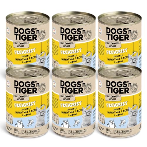 Dogs’n Tiger Adult, Katzenfutter, Freigeist, Katzennassfutter mit frischem vitaminreichen Gemüse, Huhn, Lachs - ohne Getreide, Zuckerzusatz, künstliche Konservierungsstoffe, 6X 400g von DOGS' n TIGER