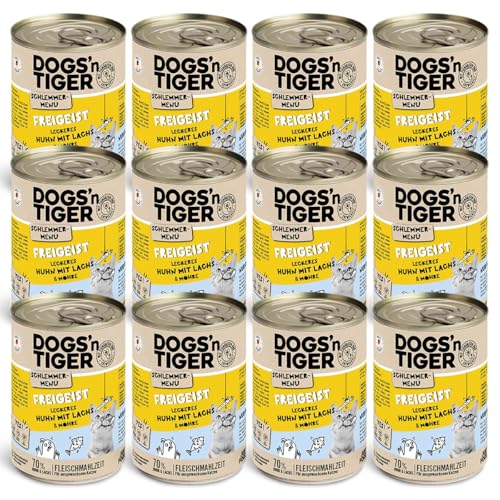 Dogs’n Tiger Adult, Katzenfutter, Freigeist, Katzennassfutter mit frischem vitaminreichen Gemüse, Huhn, Lachs - ohne Getreide, Zuckerzusatz, künstliche Konservierungsstoffe, 12x 400g von DOGS' n TIGER