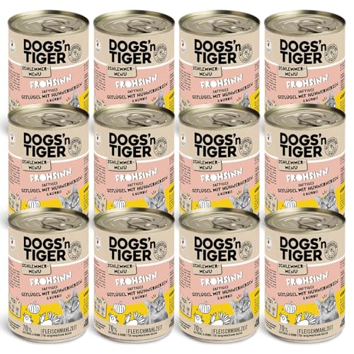 Dogs'n Tiger Schlemmermenü Frohsinn, Katzennassfutter mit Huhn und Kürbis - ohne Getreide, Zuckerzusatz, künstliche Konservierungsstoffe, optimale Verträglichkeit, 12x 400g von DOGS' n TIGER