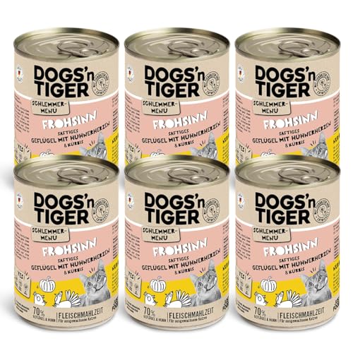 Dogs'n Tiger Schlemmermenü Frohsinn, Katzennassfutter mit Huhn und Kürbis - ohne Getreide, Zuckerzusatz, künstliche Konservierungsstoffe, optimale Verträglichkeit, 6X 400g von DOGS' n TIGER