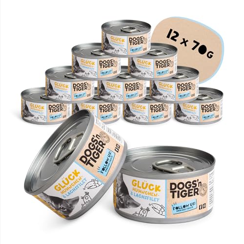 Dogs’n Tiger Adult Premium Nassfutter für Katzen Glück, tiergerechte Rezeptur mit 60% Fleischanteil an Huhn & Lachs, – ohne Zucker, Getreide & künstliche Aromen, 12x 70g von DOGS' n TIGER