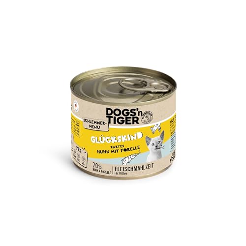 Dogs'n Tiger Schlemmermenü Glückskind, Nassfutter für Kätzchen, saftiges Huhn und Forelle - ohne Getreide, Zuckerzusatz, künstliche Konservierungsstoffe, optimale Verträglichkeit, 12x 200g von DOGS' n TIGER