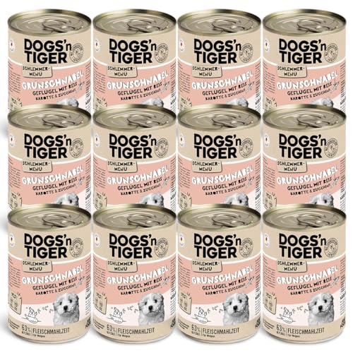 Dogs’n Tiger Junior, Hundefutter, Grünschnabel, Hundenassfutter für Welpen mit Huhn, Reis und Gemüse, ohne Getreide, Zuckerzusatz, künstliche Konservierungsstoffe, 12x 400g von DOGS' n TIGER