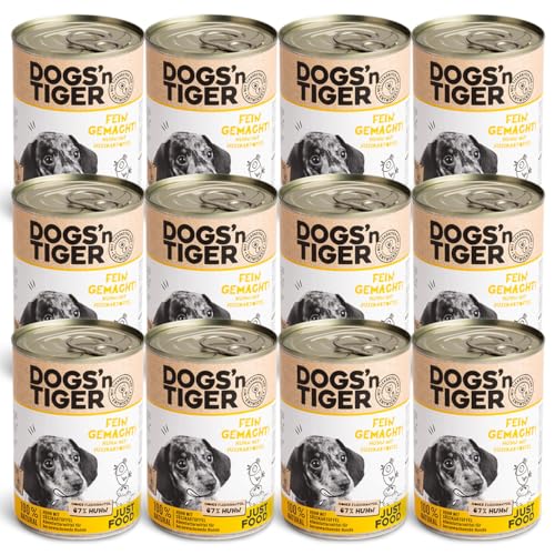 Dogs’n Tiger Junior, Welpen Premium Nassfutter für Hunde, Fein Gemacht, Rezeptur mit 67% Fleischanteil an Huhn mit Süßkartoffel, ohne Getreide, Zucker & künstlichne Aromen, 12x 400g von DOGS' n TIGER