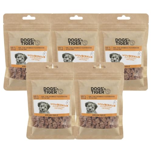 Dogs’n Tiger Junior Hunde Snacks, Wunderkind, Leckerlies, – artgerechter Hundesnack ohne Zucker, Getreide & künstliche Aromen – gut verträglich (gefriergetrocknete Entenbrust-Filet, 5X 70g von DOGS' n TIGER