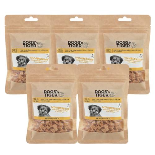 Dogs’n Tiger Junior Hunde Snacks, Wunderkind, Leckerlies, – artgerechter Hundesnack ohne Zucker, Getreide & künstliche Aromen – gut verträglich (gefriergetrocknete Hühnchenbrust-Filet, 5X 70g von DOGS' n TIGER