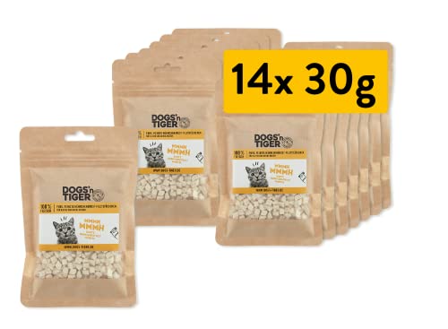 Dogs'n Tiger Adult Katzen Snacks Mmmh mmmh Huhn, Leckerlies aus 99% Fleisch– ohne Zucker, Getreide & künstliche Aromen – gut verträglich gefriergetrocknete Hühnchenbrust-Filetstückchen, 14x 30g von DOGS' n TIGER