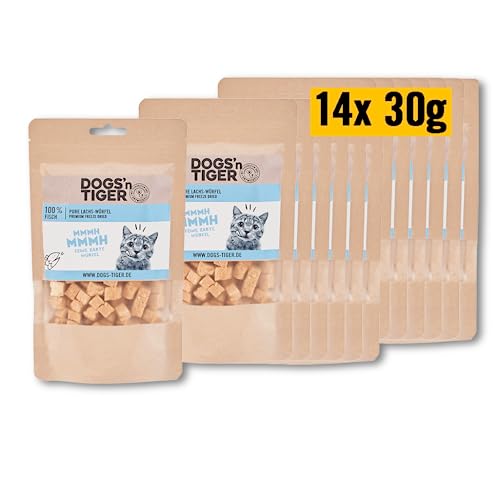 Dogs'n Tiger – Katzen Leckerlies aus 100% Fleisch – artgerechter Katzen Snack ohne Zucker, Getreide & künstliche Aromen – gut verträglich (gefriergetrocknete Lachs-Filetstückchen | 14 x 30 g) von DOGS' n TIGER