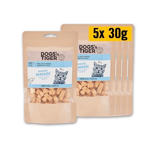 Dogs'n Tiger – Katzen Leckerlies aus 100% Fleisch – artgerechter Katzen Snack ohne Zucker, Getreide & künstliche Aromen – gut verträglich (gefriergetrocknete Lachs-Filetstückchen | 5 x 30 g) von DOGS' n TIGER