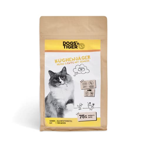 Dogs'n Tiger – “Küchenjäger” Senior Trockenfutter für Katzen mit 75% Fleischanteil – ohne Zucker & Getreide (Huhn und Ente mit Gemüse| 1 x 1,5 kg) von DOGS' n TIGER