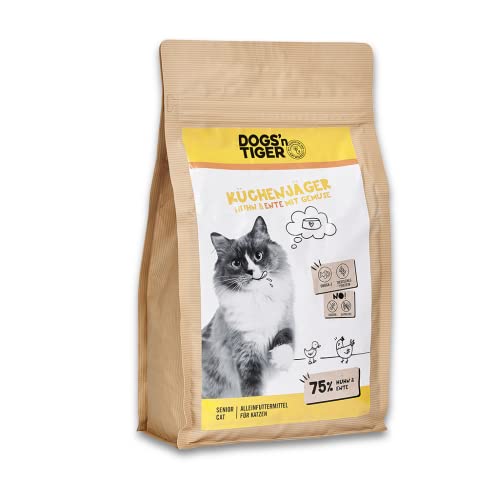 Dogs'n Tiger – “Küchenjäger” Senior Trockenfutter für Katzen mit 75% Fleischanteil – ohne Zucker & Getreide (Huhn und Ente mit Gemüse| 1 x 10 kg) von DOGS' n TIGER