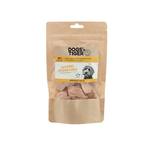 Dogs'n Tiger – Leckere Stückchen Hundeleckerlis aus 99% Fleisch + 1% Leinsamenöl – Hundesnack ohne Zucker, Getreide & künstliche Aromen (gefriergetrocknete Hähnchenbrustfilet | 4 x 80 g) von DOGS' n TIGER