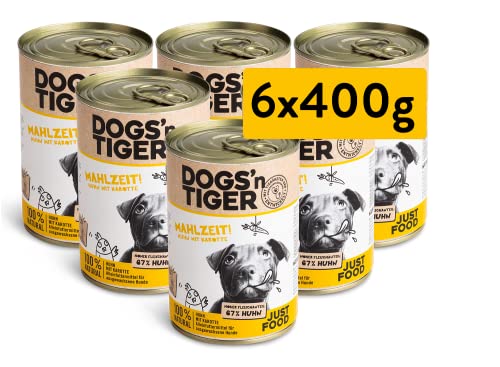 Dogs’n Tiger Adult Premium Nassfutter für Hunde, Mahlzeit, Hunde Nassfutter, tiergerechte Rezeptur mit 67% Fleischanteil an Huhn, Leinsamenöl & Kräuter – ohne Zucker & künstliche Aromen, 6X 400g von DOGS' n TIGER