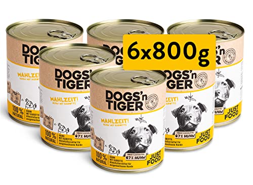 Dogs’n Tiger Adult Premium Nassfutter für Hunde, Mahlzeit, Hunde Nassfutter, tiergerechte Rezeptur mit 67% Fleischanteil an Huhn, Leinsamenöl & Kräuter – ohne Zucker & künstliche Aromen, 6X 800g von DOGS' n TIGER