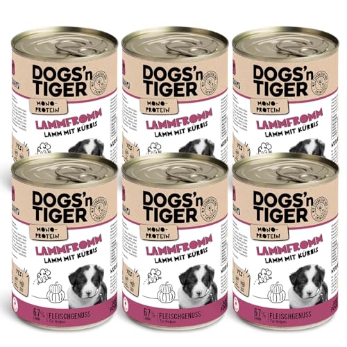 Dogs'n Tiger Monoprotein Lammfromm, Premium Hundenassfutter für Welpen mit Lamm und Kürbis - ohne Getreide, Zuckerzusatz, optimale Verträglichkeit, 6X 400g von DOGS' n TIGER