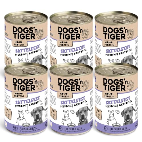 Dogs'n Tiger Monoprotein, Sattelfest, Adult Premium Hundenassfutter mit Pferdefleisch & Kartoffeln, hypoallergen, ohne Getreide, Zuckerzusatz, Mit optimale Verträglichkeit, 6X 400g von DOGS' n TIGER