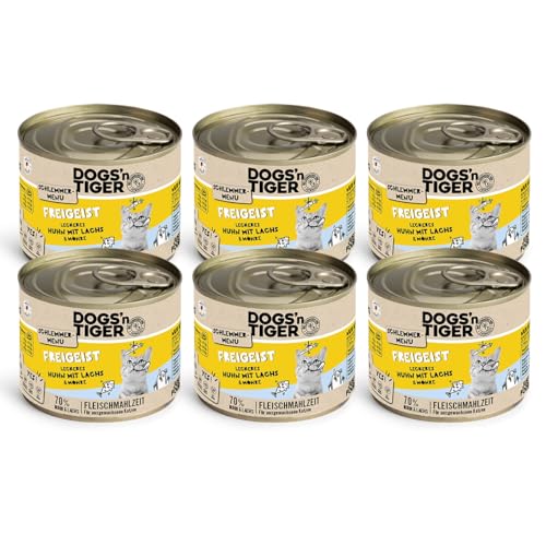 Dogs’n Tiger Adult, Katzenfutter, Freigeist, Katzennassfutter mit frischem vitaminreichen Gemüse, Huhn, Lachs - ohne Getreide, Zuckerzusatz, künstliche Konservierungsstoffe, 6X 200g von DOGS' n TIGER