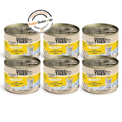 Dogs’n Tiger Adult, Katzenfutter, Freigeist, Katzennassfutter mit frischem vitaminreichen Gemüse, Huhn, Lachs - ohne Getreide, Zuckerzusatz, künstliche Konservierungsstoffe, 12x 200g von DOGS' n TIGER