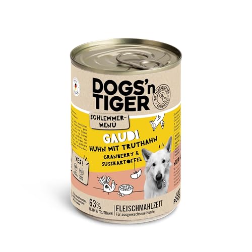 Dogs’n Tiger Adult Hundefutter, Gaudi, Hundenassfutter mit Huhn, Truthahn, Cranberries und Süßkartoffel - ohne Getreide, Zuckerzusatz, künstliche Konservierungsstoffe, 12x 400g von DOGS' n TIGER