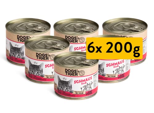 Dogs’n Tiger Adult Premium Nassfutter für Katzen, Schmaus, Katzen Nassfutter, tiergerechte Rezeptur mit 70% Fleischanteil an Rind – ohne Zucker, Getreide & künstliche Aromen, 6X 200g von DOGS' n TIGER