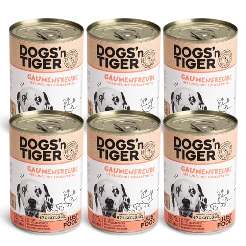 Dogs’n Tiger Adult Premium Nassfutter für Hunde, Gaumenfreude, Hunde Nassfutter, Rezeptur mit 67% Fleischanteil an Geflügel, ohne Zucker, Getreide & künstliche Aromen, 6X 400g von DOGS' n TIGER