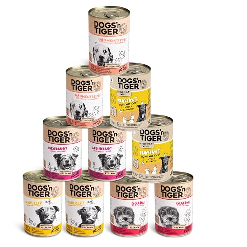 Dogs’n Tiger Adult Hundefutter, Nassfutter, ohne Zuckerzusatz, Getreide & künstliche Konservierungsstoffe, optimale Verträglichkeit, Mixpaket Top of The Tops! Dogs, Rind, Lamm, Huhn & Ente, 10x 400g von DOGS' n TIGER