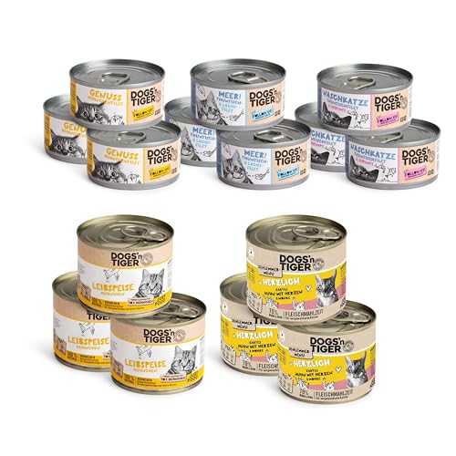 Dogs’n Tiger Adult Katzenfutter, Nassfutter, Getreidefrei, ohne Zuckerzusatz & Konservierungsstoffe, optimale Verträglichkeit Mixpaket Top of The Tops! Thunfisch, Lachs, Shrimps & Huhn, 15 TLG.- Set von DOGS' n TIGER