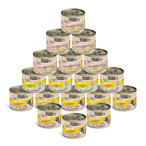 Dogs’n Tiger Adult Katzenfutter, Nassfutter, Getreidefrei, ohne Zuckerzusatz & Konservierungsstoffe, optimale Verträglichkeit, Schlemmerpaket, Huhn, Geflügel, Lachs, Karotte & Kürbis, 18x200g von DOGS' n TIGER