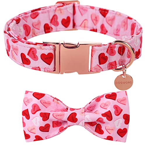 DOGWONG Valentinstag Hundehalsband mit Fliege - Pink Herz komfortable Baumwolle Weihnachten Hundehalsband mit abnehmbaren Fliege für klein Groß Mittel Hund von DOGWONG