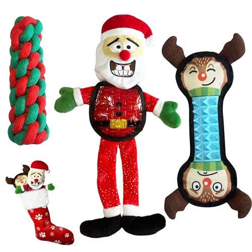 DOGZSTUFF Weihnachts-Hundespielzeug-Set mit wiederverwendbarem Strumpf – 3 quietschende Spielzeuge für Hunde – kleine, mittelgroße und große Rassen von DOGZSTUFF
