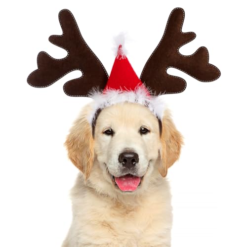 DOITOOL Weihnachts-Haustiermütze 3 Stück Rentier-Hundegeweih-Stirnband Weihnachtliche Braune Weihnachtsmützen Für Hund Welpe Katze Verstellbares Hunde-Weihnachtsoutfit von DOITOOL