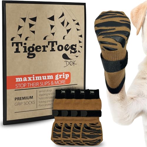 DOK TigerToes Premium rutschfeste Hundesocken für Hartholzböden – extra Dicker Griff, der auch bei Verdrehen funktioniert – verhindert Lecken, Verrutschen und ideal als Schutz der Pfoten (Cool von DOK