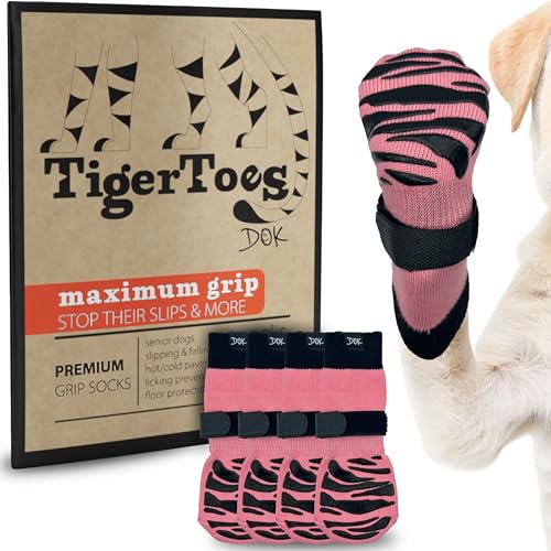 DOK TigerToes Premium rutschfeste Hundesocken für Hartholzböden – extra Dicker Griff, der auch bei Verdrehen funktioniert – verhindert Lecken, Verrutschen und ideal als Schutz der Pfoten für Hunde von DOK