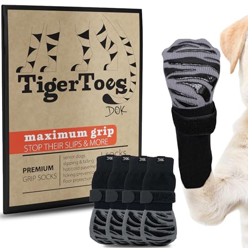 DOK TigerToes Premium rutschfeste Hundesocken für Hartholzböden – extra Dicker Griff, der auch bei Verdrehen funktioniert – verhindert Lecken, Verrutschen und ideal als Schutz der Pfoten für Hunde – von DOK