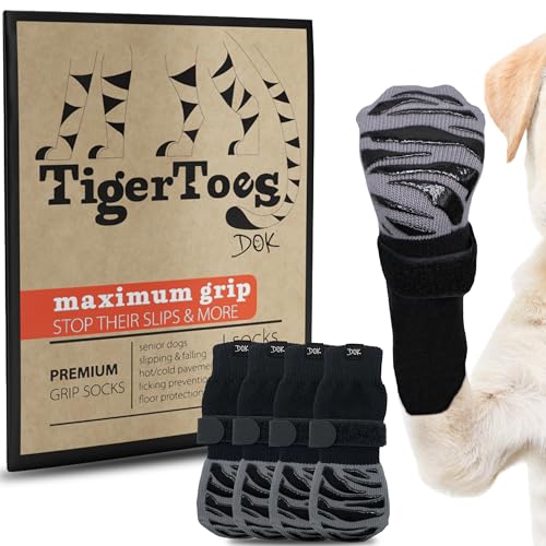 DOK TigerToes Premium rutschfeste Hundesocken für Hartholzböden – extra dicker Griff, der auch bei Verdrehen funktioniert – verhindert Lecken, Verrutschen und ideal als Schutz der Pfoten für Hunde von DOK