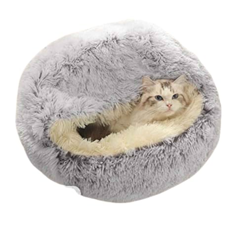 2 in 1KatzenhöhleFlauschig Rund Cat Bed Für Katze Und Hund Katzen Plüsch Katzenbetten Rutschfestes Decken Betten Sofas Plüsch Katzenhöhle Warm Schlafsack,Grau-50 X 50 cm von DOKLY