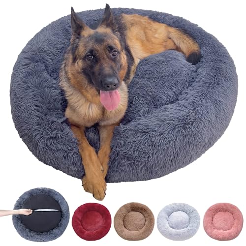 DOKLY Abnehmbares Hundekissen - Waschbarer Hundekorb - Hunde und Katzen Hundebett Anti-Stress-Hundekissen, mit Reißverschluss, maschinenwaschbar, Beige Ø80cm Durchmesser L,Gris foncé-L (80x80cm) von DOKLY