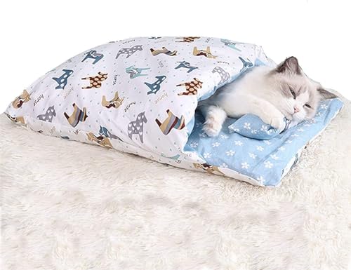 DOKLY Kätzchennestbett, Japanisches Katzenbett, Warmer Katzenschlafsack, abnehmbares waschbares Katzennest für den Winter,Blue Pony-Small von DOKLY