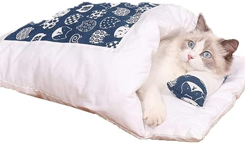 DOKLY Kätzchennestbett, Japanisches Katzenbett, Warmer Katzenschlafsack, abnehmbares waschbares Katzennest für den Winter,Navy-Medium von DOKLY