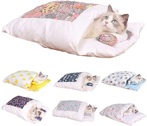 DOKLY Kätzchennestbett, Japanisches Katzenbett, Warmer Katzenschlafsack, abnehmbares waschbares Katzennest für den Winter,Pink cat-Large von DOKLY