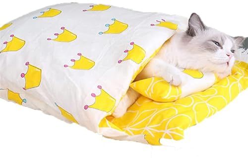 DOKLY Kätzchennestbett, Japanisches Katzenbett, Warmer Katzenschlafsack, abnehmbares waschbares Katzennest für den Winter,Yellow Crown-Small von DOKLY