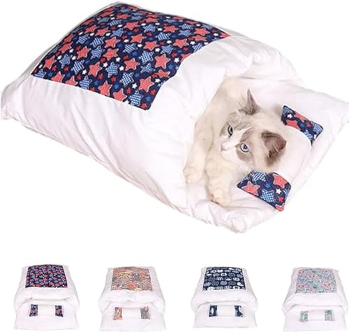 DOKLY Orthopädischer Katzenschlafsack Katzenbett Katzenschlafsack Flauschig Warmer Abnehmbare Waschbare Süßes Katzenbett,Dark Blue Stars-L von DOKLY