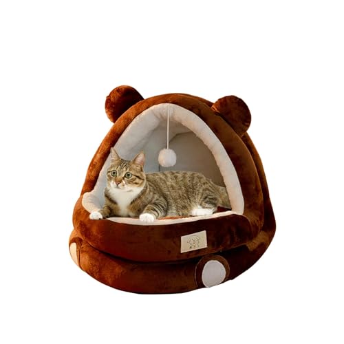 DOKLY Selbstwärmende Katzenzelthöhle,Süßes Katzenbett, Innenkatze Bett Mit Abnehmbarem Kissen, Haustier-Plüsch-Zelthaus, Cartoon-Ohr-Design, Haustierbett Mit Hängendem Plüschball,Braun-M von DOKLY